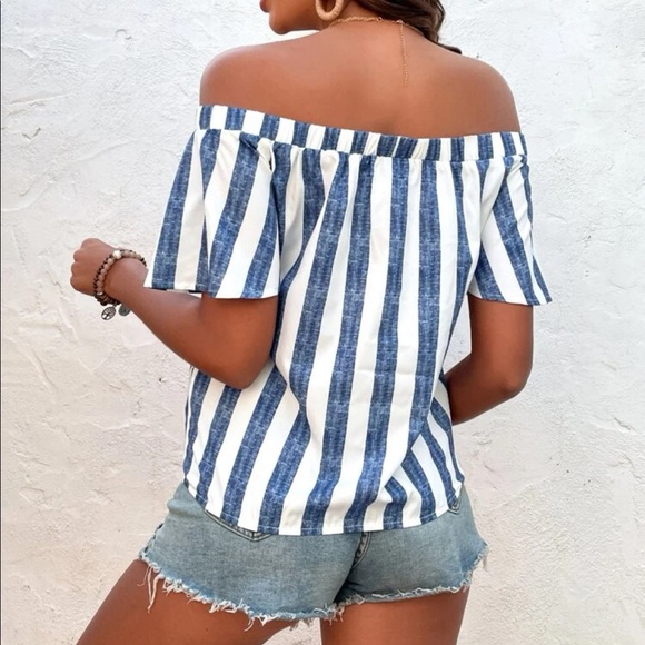 Stripe Off Shoulder Cut Out overlap Butterfly Sleeve Blouse Top Green - Picture 8 of 12